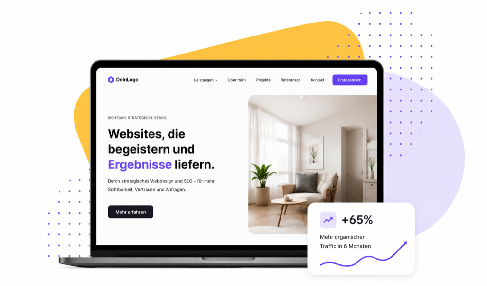 Laptop-Mockup mit Website und Statistik