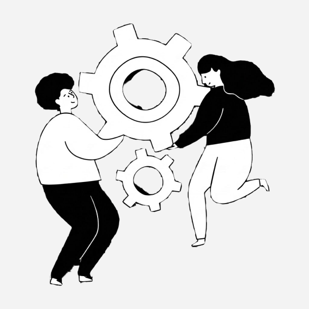 Illustration: Zahnraeder und zwei Personen bei der Website-Wartung